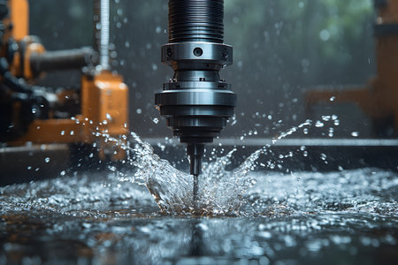 A close-up of a cnc machine in action, with a spindle cutting through metal and water splashing as a coolant. the scene highlights precision machining in an industrial environment, emphasizing the technology's efficiency and accuracy. Generative AIの素材