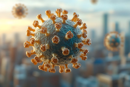 Detailed 3d visualization of a coronavirus with a city skyline background. the image emphasizes public health awareness and pandemic-related themes, suitable for educational and informational materials in healthcare settings. Generative AIの素材