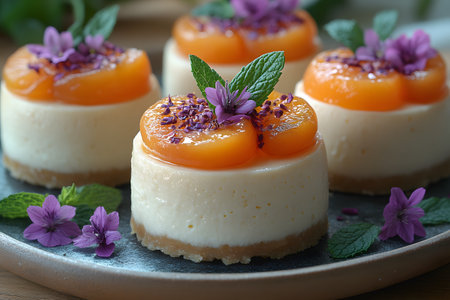 Elegant mini cheesecake bites garnished with fresh apricot slices, vibrant edible flowers, and mint leaves are arranged on a decorative plate. these artisanal desserts offer a visually appealing and delicious treat, perfect for gourmet occasions. Generative AIの素材