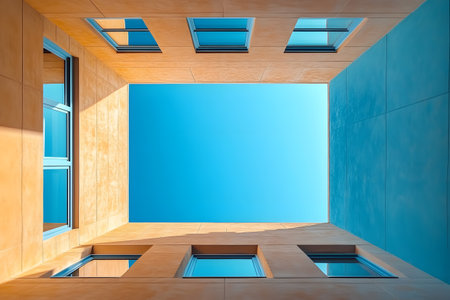 A unique perspective of modern architecture focusing upward, showcasing a symmetrical composition of windows and warm-toned walls against a vibrant blue sky. ideal for design inspiration or architectural studies. Generative AIの素材