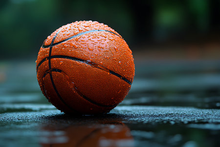 A detailed close-up of a rain-drenched basketball sitting on a glossy, wet outdoor court. the textured surface of the ball highlights the sport's dynamic and urban nature, evoking themes of persistence and passion. Generative AIの素材