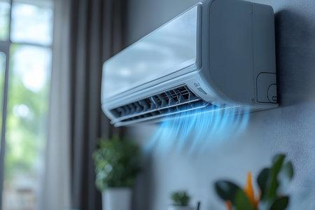Wall-mounted air conditioner in a stylish living room emits cool air. the sleek design complements the room's decor with soft natural light and blurred greenery in the background, emphasizing a modern and comfortable ambiance. Generative AIの素材