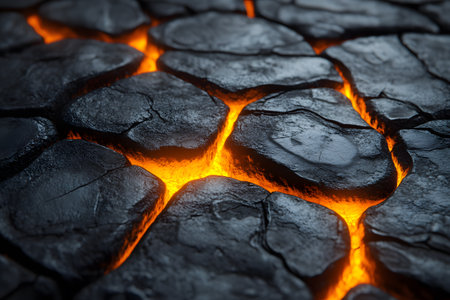 Close-up view of glowing lava flowing through cracks in dark basalt rocks, showcasing a dynamic natural phenomenon. the vivid contrast highlights geological processes, making it ideal for science education and geological studies. Generative AIの素材