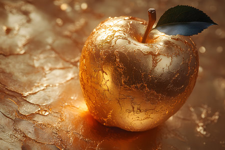 A golden apple with a shiny metallic finish sits elegantly on a textured golden background. the composition highlights opulence and artistic creativity, making it ideal for decorative and luxury-themed designs. Generative AIの素材