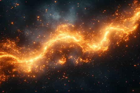 Fiery streams of glowing cosmic energy weave through a dark universe, creating a vibrant, abstract background. the scene combines elements of mystery and science fiction, perfect for artistic and design purposes. Generative AIの素材