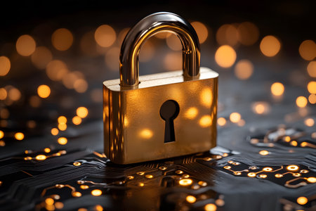 Golden padlock symbolizes cybersecurity against glowing microchip backdrop. the intricate circuitry and abstract bokeh lights emphasize data protection in the digital age, ideal for tech-focused designs. Generative AIの素材