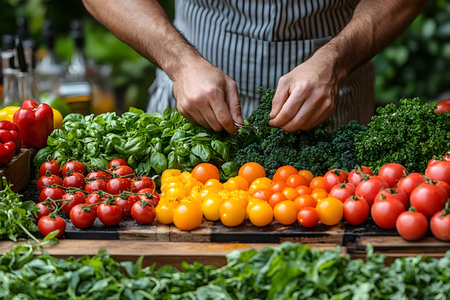 A colorful array of fresh organic vegetables, including tomatoes, peppers, kale, and basil, artfully arranged on a market stand. the abundant greenery and vibrant produce offer rich inspiration for healthy cooking and farm-to-table culinary experiences. Generative AIの素材