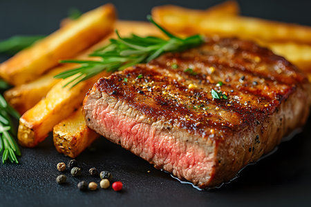 Juicy grilled steak seasoned with rosemary, served alongside crispy golden fries. fresh herbs and peppercorns add a touch of culinary elegance, making this an ideal image for menu design or food-related content. Generative AIの素材