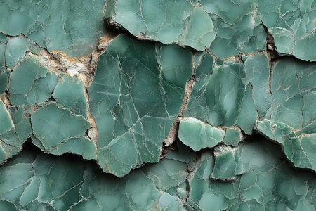 Green rock surface with intricate patterns and natural cracks, showcasing textures ideal for design, backgrounds, and artistic projects. highlights the organic beauty and raw elegance of stone surfaces. Generative AIの素材