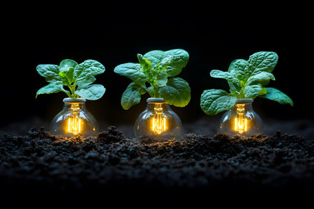 Three small green plants sprout from light bulbs nestled in rich soil, symbolizing the fusion of nature and technology. the glowing bulbs highlight ideas of renewable energy, innovation, and sustainability, perfect for eco-friendly and green technology design elements. Generative AIの素材
