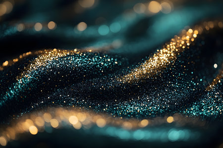 Abstract glitter background featuring shimmering gold and teal particles creating a luxurious and festive atmosphere. suitable for holiday celebrations, elegant designs, and sophisticated invitations. Generative AIの素材