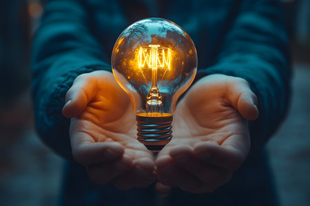 Glowing light bulb held in cupped hands, symbolizing ideas, innovation, sustainability, and energy conservation. the warm glow highlights the connection between human creativity and environmentally conscious solutions. Generative AIの素材