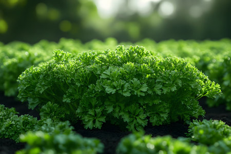Lush green parsley growing in a sunlit garden, showcasing detailed leaves and vibrant growth. ideal for culinary inspiration, gardening themes, and organic farming concepts. light filters through, freshness. Generative AIの素材
