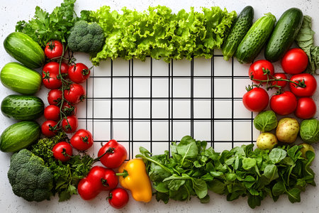 Fresh vegetables including tomatoes, cucumbers, and a mix of green leafy lettuces form a border around a gridded white background. ideal for healthy eating themes, culinary designs, or recipe presentations. Generative AIの素材