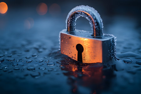 A frost-covered padlock sitting on a wet, reflective surface, illuminated by a warm, ambient light giving a striking contrast. the droplets on the padlock enhance its texture and create a captivating visual detail. Generative AIの素材