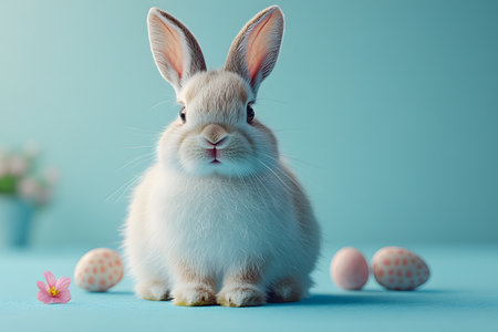 Fluffy white bunny sits among pastel-dotted easter eggs on a gentle blue backdrop, creating a serene scene ideal for holiday greeting cards, springtime promotions, and festive decor. Generative AIの素材