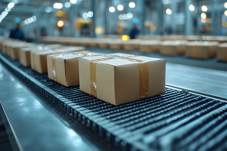 Cardboard boxes move along a conveyor belt in a brightly lit industrial environment, illustrating an efficient packaging process. the scene highlights manufacturing efficiency and logistical organization in a factory setting. Generative AIの素材