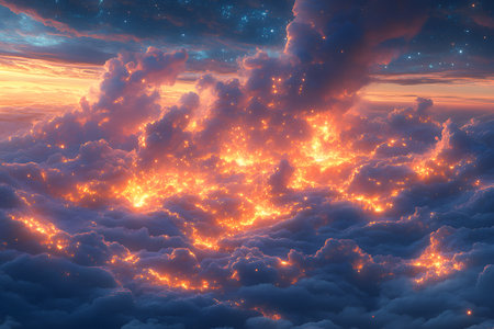 Stunning view of a dramatic sunset sky filled with fiery, glowing clouds contrasted against a serene night sky sprinkled with distant stars, creating a breathtaking and surreal atmosphere. Generative AIの素材
