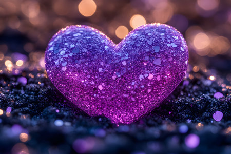 Vibrant purple heart shape adorned with glitter, set against a softly glowing background. represents love, romance, and festive decoration, ideal for valentine's day designs, greeting cards, or artistic projects. Generative AIの素材
