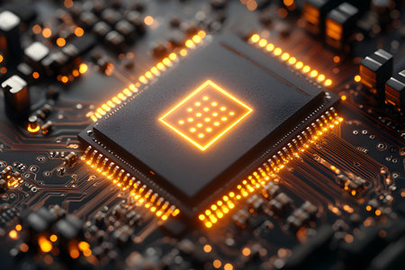 A glowing microchip centrally positioned on a circuit board showcases advanced technology in modern electronics. the focus on bright circuitry highlights innovation in integrated systems, suitable for tech, engineering, and innovation themes. Generative AIの素材