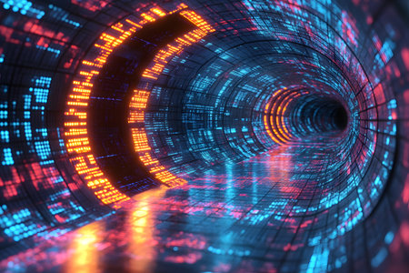 Neon-lit digital tunnel featuring dynamic red and blue lights, symbolizing technology and innovation. the abstract design suggests data transfer and digital communication in a futuristic setting. Generative AIの素材