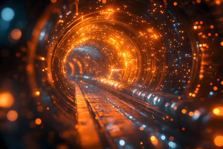 Futuristic tunnel scene featuring vibrant orange and blue lights. the dazzling luminescence creates a sci-fi atmosphere, ideal for technology-themed designs. perfect for futuristic, cyberspace, and innovation-based projects. Generative AIの素材