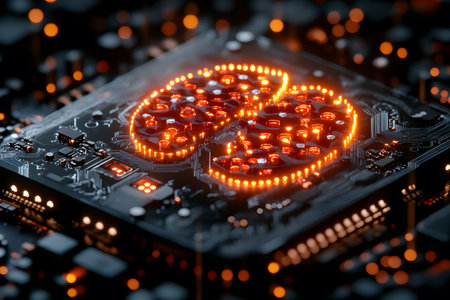 Close-up view of a futuristic circuit board featuring glowing orange elements forming an abstract pattern. the intricate design symbolizes cutting-edge technology, innovation, and the digital revolution in electronic circuitry. Generative AIの素材