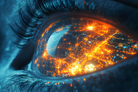 A close-up of a human eye reflecting a vibrant digital cityscape, blending technology and biology. the glowing lights and intricate patterns emphasize the concept of cybernetic sight and futuristic innovation. Generative AIの素材