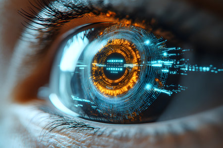 A close-up of a human eye featuring a vibrant digital interface, symbolizing technology, cyber innovation, and the future of human-machine interaction, perfect for tech-related designs and futuristic concepts. Generative AIの素材