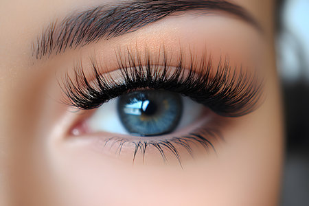 A striking close-up featuring a blue eye framed by long, luxurious eyelashes. perfect for beauty and fashion themes, this image highlights the elegance and detail of eye-related cosmetics and makeup artistry. Generative AIの素材