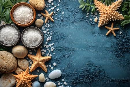A soothing coastal spa-themed composition featuring bath salts in wooden and ceramic bowls, surrounded by starfish, seashells, sponge, and greenery on a textured blue surface. perfect for wellbeing and relaxation concepts. Generative AIの素材