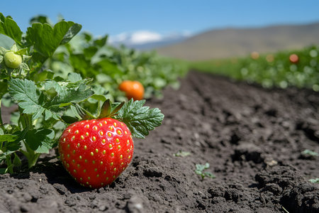 A vibrant strawberry grows amidst lush green leaves in a sunlit field, symbolizing organic farming and fresh produce. the essence of natural agriculture with a blurred mountain background. Generative AIの素材
