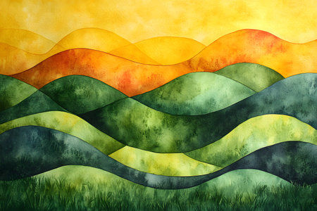 Abstract artwork featuring a dynamic landscape of green hills against a vivid yellow and orange sky, creating a harmonious and vibrant composition. ideal for design projects, posters, or artistic decor. Generative AIの素材