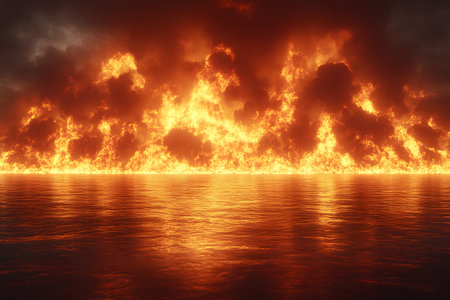 Fiery clouds stretch across the horizon, casting intense reflections on the tranquil water below. a dramatic and surreal scene, blending vibrant oranges and reds with the tranquil blues of the water, creating a striking contrast. Generative AIの素材