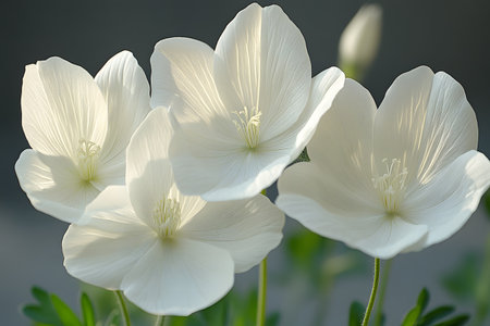 Four elegant white flowers with delicate, translucent petals are bathed in soft, natural light. the harmonious arrangement highlights their intricate vein patterns, creating a serene and tranquil botanical scene ideal for nature-themed decor. Generative AIの素材
