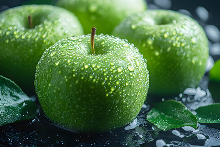 Vibrant green apples glisten with fresh water droplets. these crisp apples are surrounded by green leaves, their freshness and appealing quality. ideal for concepts of health, fruit, and nutrition in food photography. Generative AIの素材