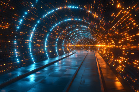 A mesmerizing tunnel lit by vibrant blue and orange neon lights creates a futuristic and immersive atmosphere. the glowing pathway and reflective surfaces evoke a sense of advanced technology, perfect for science fiction themes. Generative AIの素材
