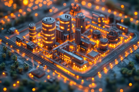A highly detailed miniature model of a futuristic smart city showcasing an illuminated industrial complex. the scene features glowing lights, modern architecture, and intricate infrastructure, emphasizing innovation and advanced urban planning. Generative AIの素材