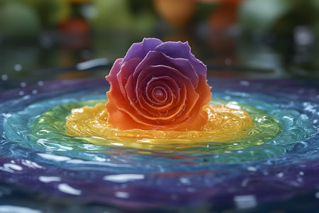 A mesmerizing rose with gradients of purple, orange, and yellow floats at the center of colorful water ripples, creating a vivid display of harmony and unity. the image beauty of nature and the essence of diversity, ideal for print design, cards, or posters. Generative AIの素材