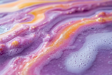 Fluid art featuring a dynamic blend of purple and orange hues. the swirling patterns create a mesmerizing visual effect with frothy textures, perfect for modern design projects and abstract backgrounds. Generative AIの素材
