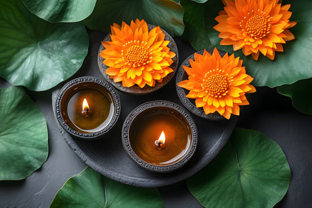 Harmonious composition featuring vibrant orange blossoms surrounded by lit candles on a dark platter. the green leaves create a serene and calming atmosphere, ideal for meditation or relaxation purposes. Generative AIの素材