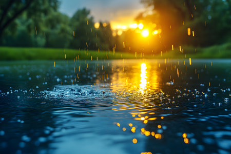 Radiant sunset light reflects off a calm water surface as rain droplets create ripples, capturing the serenity of nature. ideal for concepts of tranquility, renewal, and natural beauty in print or digital projects. Generative AIの素材