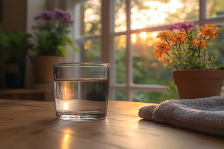 A glass of water rests on a wooden table in a sunlit room, framed by a window view of blooming flowers and lush greenery. the warm morning light enhances the serene atmosphere, making it ideal for home decor themes. Generative AIの素材