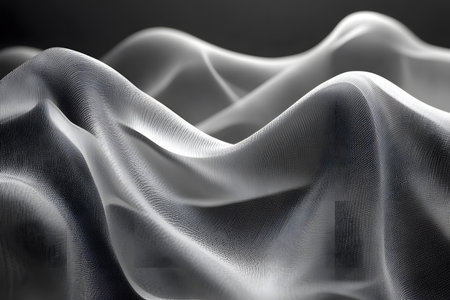 Elegant waves of translucent fabric create an abstract landscape with soft folds and textures, fluidity and motion. the grayscale tones add sophistication and calm, perfect for artistic or decorative purposes. Generative AIの素材