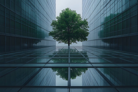 A striking image of a solitary green tree centered between two modern glass skyscrapers. the scene highlights the contrast between urban architecture and natural elements, emphasizing themes of environmental consciousness and urban design. Generative AIの素材