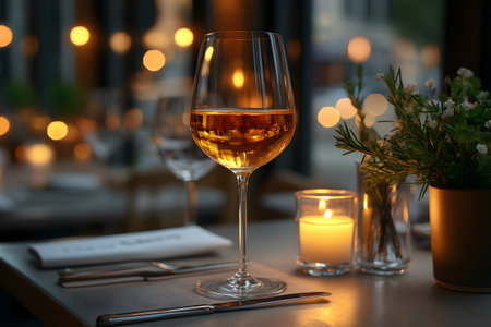 A sophisticated wine glass filled with a rich golden beverage stands on a table set for a refined dining experience. soft candlelight and blurred bokeh create a romantic ambiance, accompanied by stylish cutlery and a small potted plant. Generative AIの素材