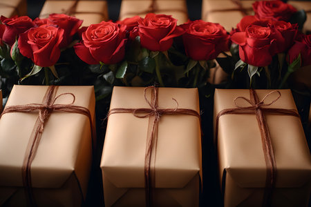 Elegant and romantic setting featuring red roses and gold wrapped gifts tied with twine. ideal for valentine's day, anniversary celebrations, or special occasions emphasizing romance and luxury. Generative AIの素材