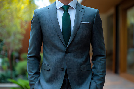 A person in a gray suit with a green tie, standing outdoors against a blurred natural background. the setting combines nature with formal business attire, a professional yet relaxed atmosphere. Generative AIの素材