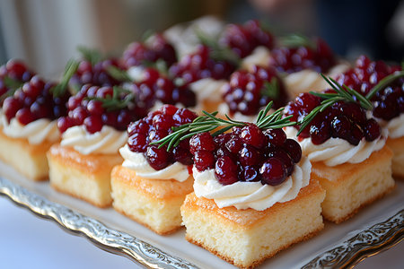 A tray of gourmet desserts topped with whipped cream and red berries, elegantly garnished with rosemary sprigs. set on a decorative platter, perfect for weddings, parties, and upscale gatherings. Generative AIの素材