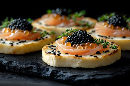 Elegant gourmet appetizers featuring smoked salmon and black caviar arranged on toasted rounds with a garnish of fresh thyme and sesame seeds, presented on a dark slate. ideal for sophisticated dining, culinary events, or food promotions. Generative AIの素材